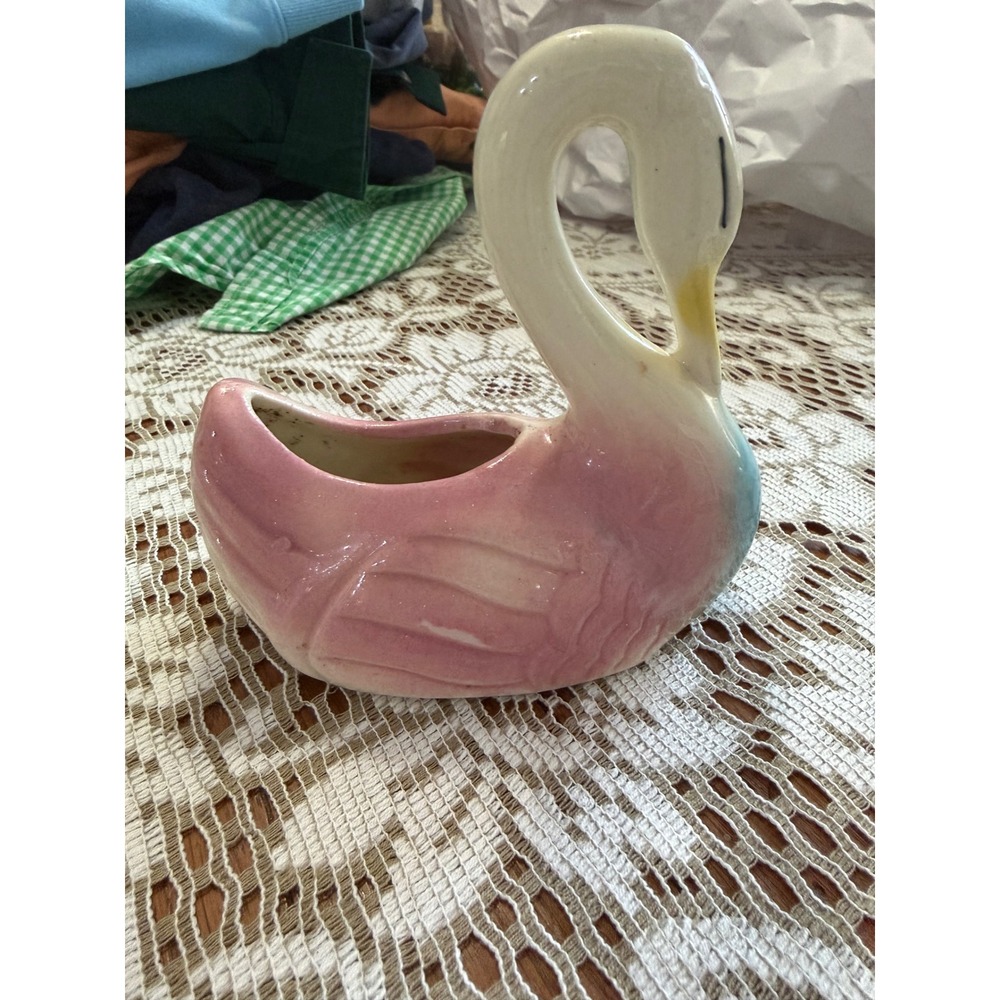 Vintage Ceramic Swan Planter Pink Cream Blue Mid Century Pastel Decor Small 5.5"
